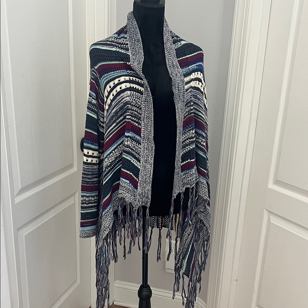 Miracle bohemian style Open-Front Striped Cardigan fringed Sweater S/M made US